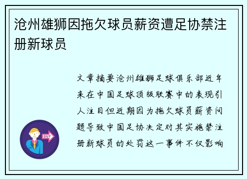 沧州雄狮因拖欠球员薪资遭足协禁注册新球员